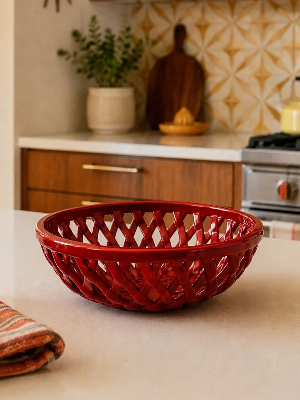 Red Openwork Ceramic Basket Bowl Decorative Fruit Bowl Lattice Centerpiece